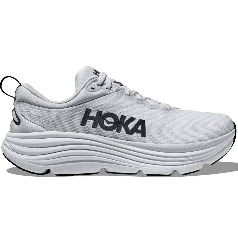 Side view on white background of Mens Hoka Gaviota running shoe in Nimbus Cloud/Steel Wool, Medium (Regular) width