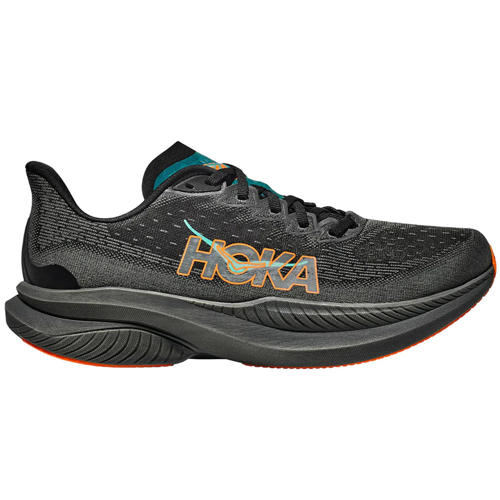 Side view on white background of Mens Hoka Mach running shoe in Black/Electric Tangerine, Medium (Regular) width