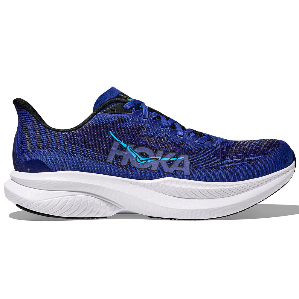 Side view on white background of Mens Hoka Mach running shoe in Black/Night Sky, Medium (Regular) width