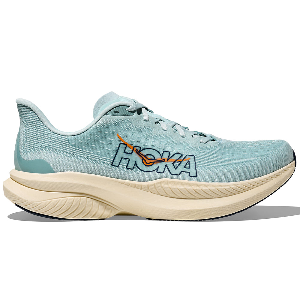 Side view on white background of Mens Hoka Mach running shoe in Clear Sea/Sea Water, Medium (Regular) width