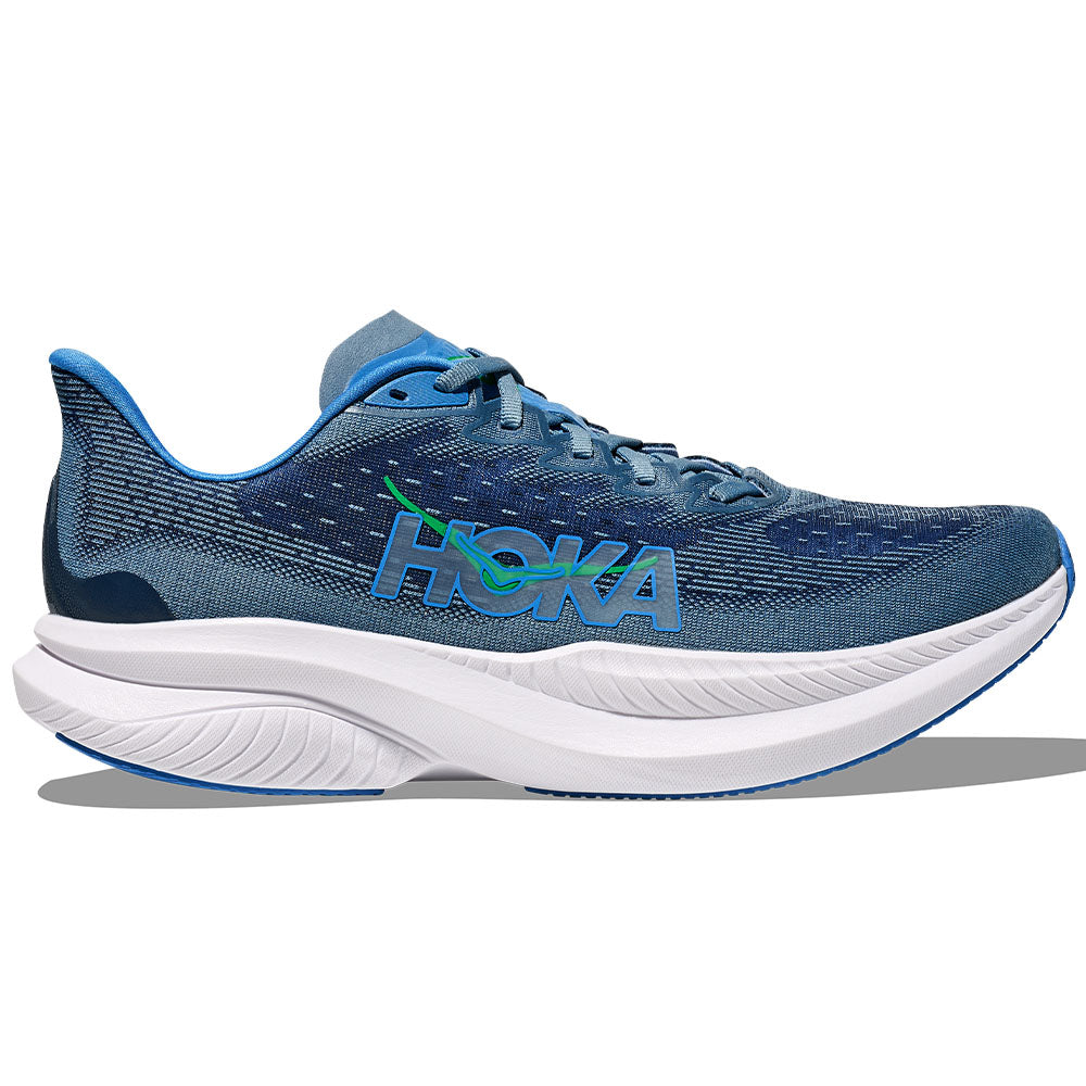 Side view on white background of Mens Hoka Mach running shoe in Downpour/Thunder Cloud, Wide width