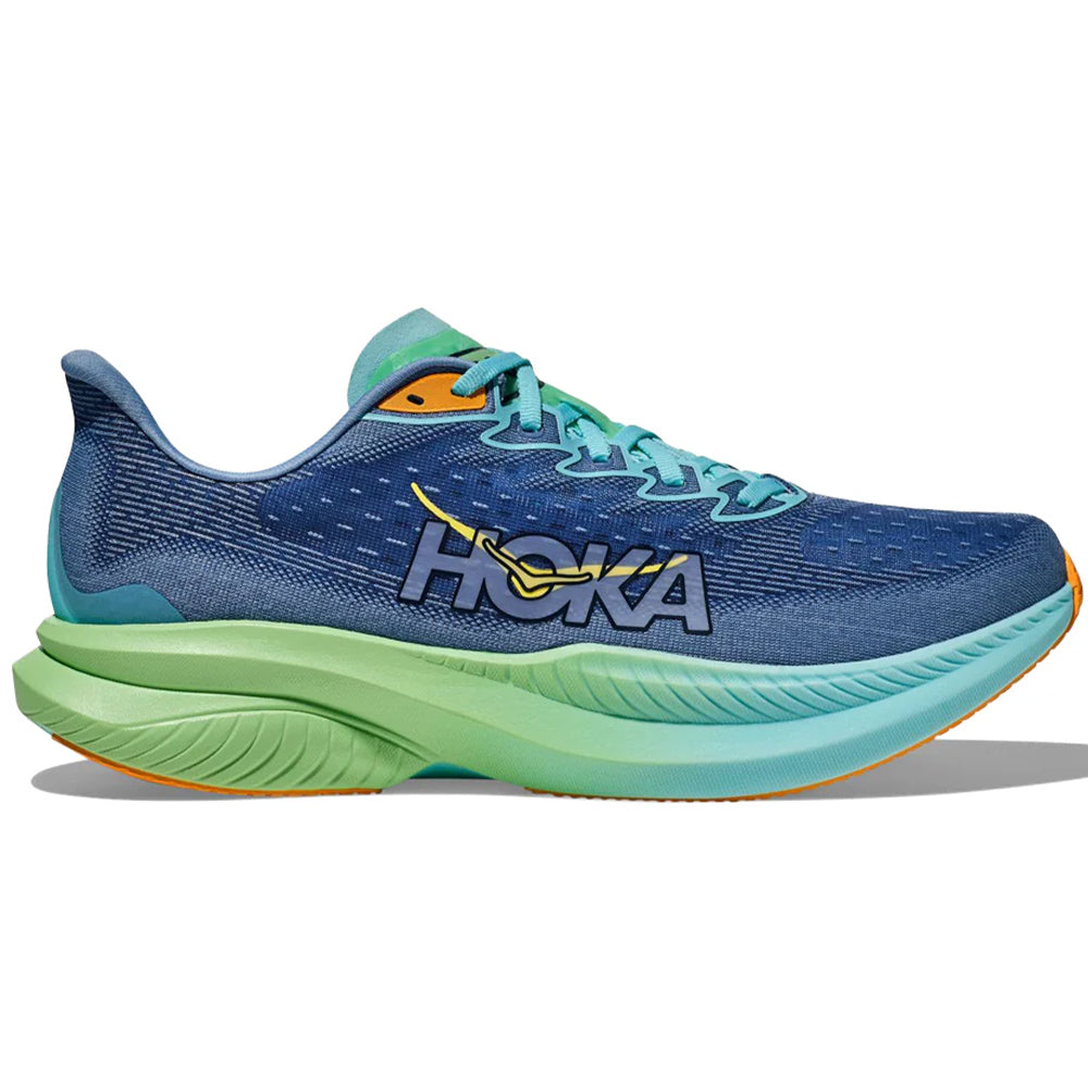 Side view on white background of Mens Hoka Mach running shoe in Dusk/Shadow, Medium (Regular) width
