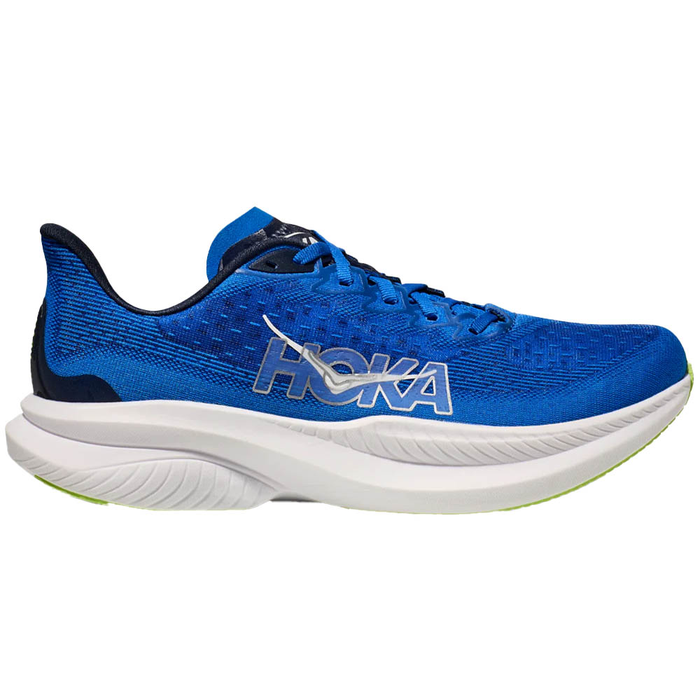 Side view on white background of Mens Hoka Mach running shoe in Electric Cobalt/Varsity Navy, Medium (Regular) width