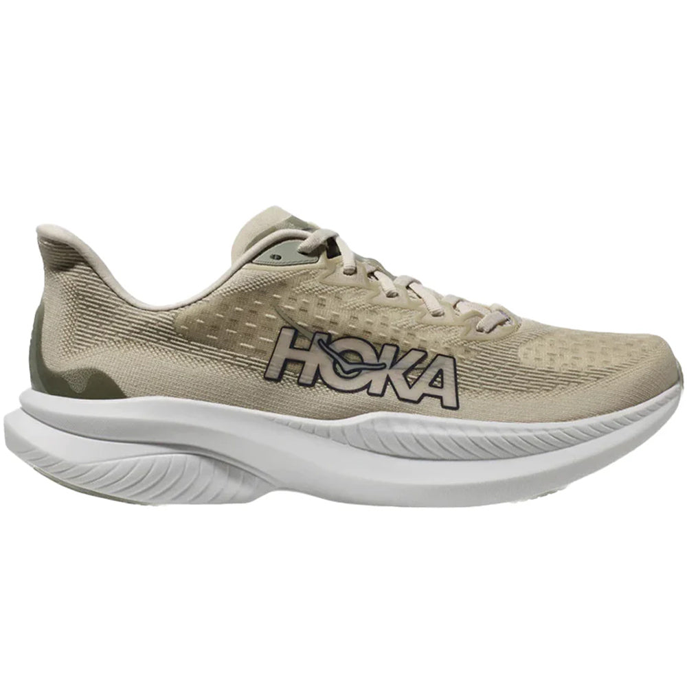Side view on white background of Mens Hoka Mach running shoe in Oat Milk/Barley, Medium (Regular) width