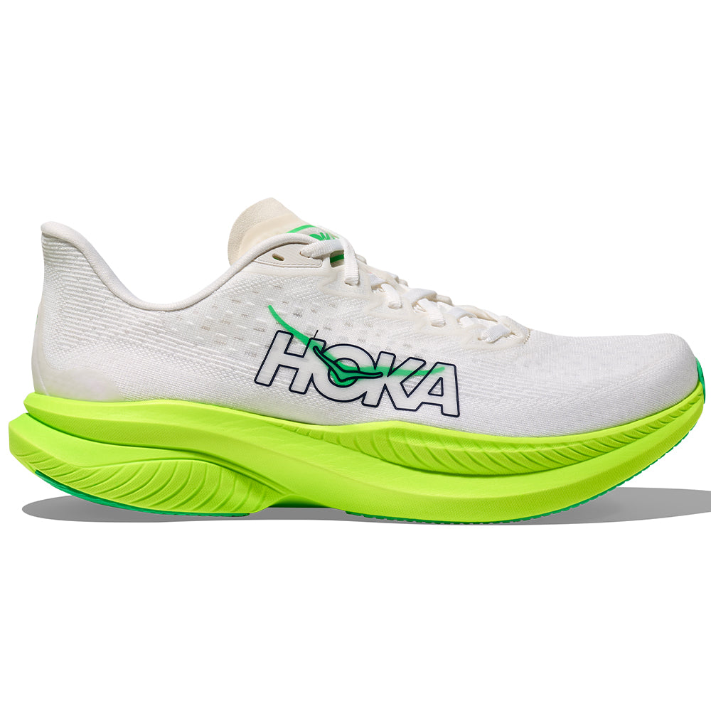 Side view on white background of Mens Hoka Mach 6 running shoe in White/Neon Lime, Medium (Regular) width