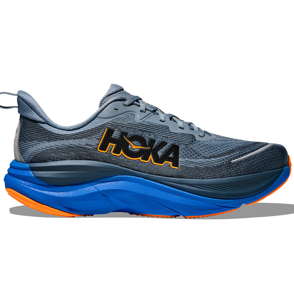 Side view on white background of Mens Hoka Skyflow running shoe in Downpour/Thunder Cloud, Medium (Regular) width