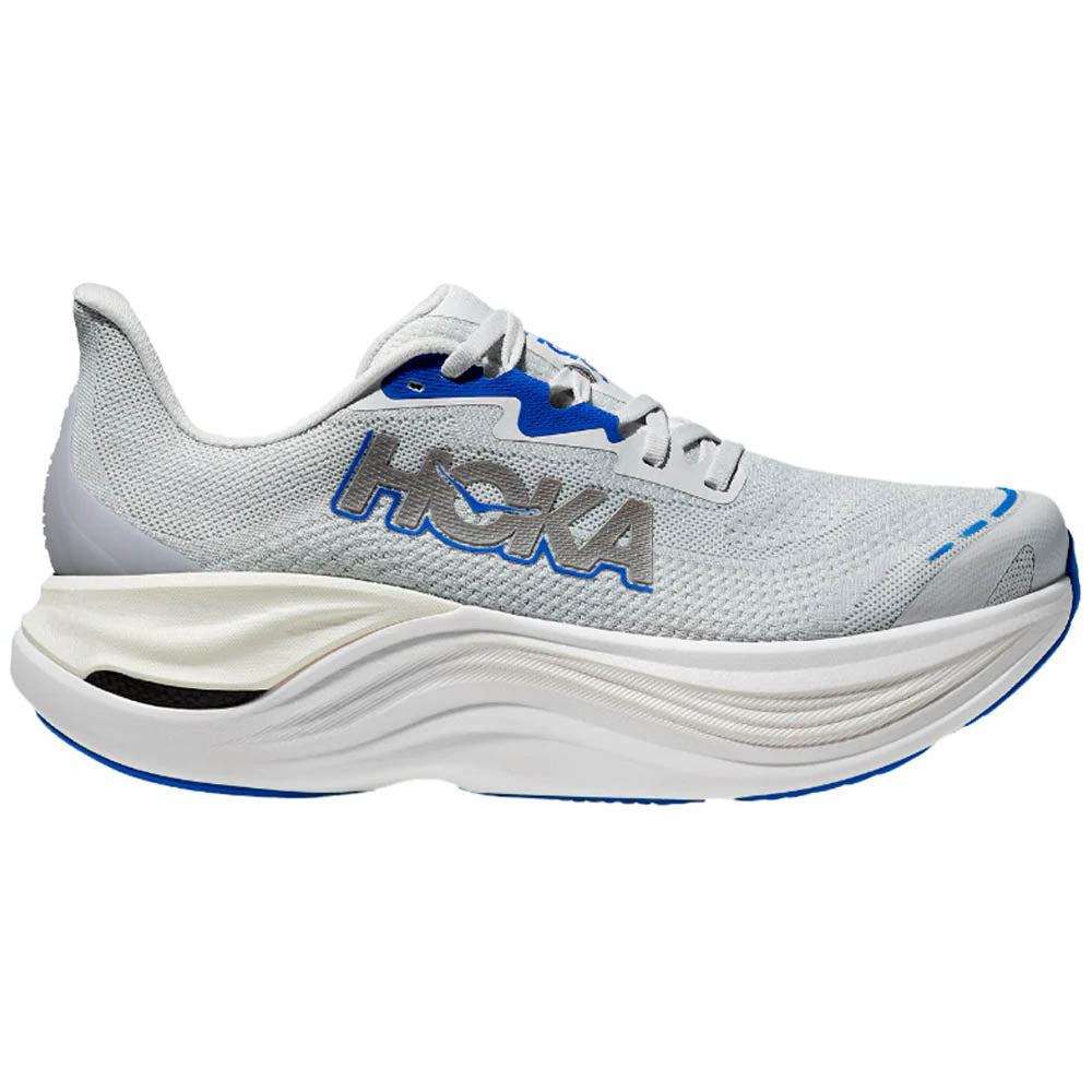 Side view on white background of Mens Hoka Skyward X running shoe in Cosmic Grey/Silver, Medium (Regular) width