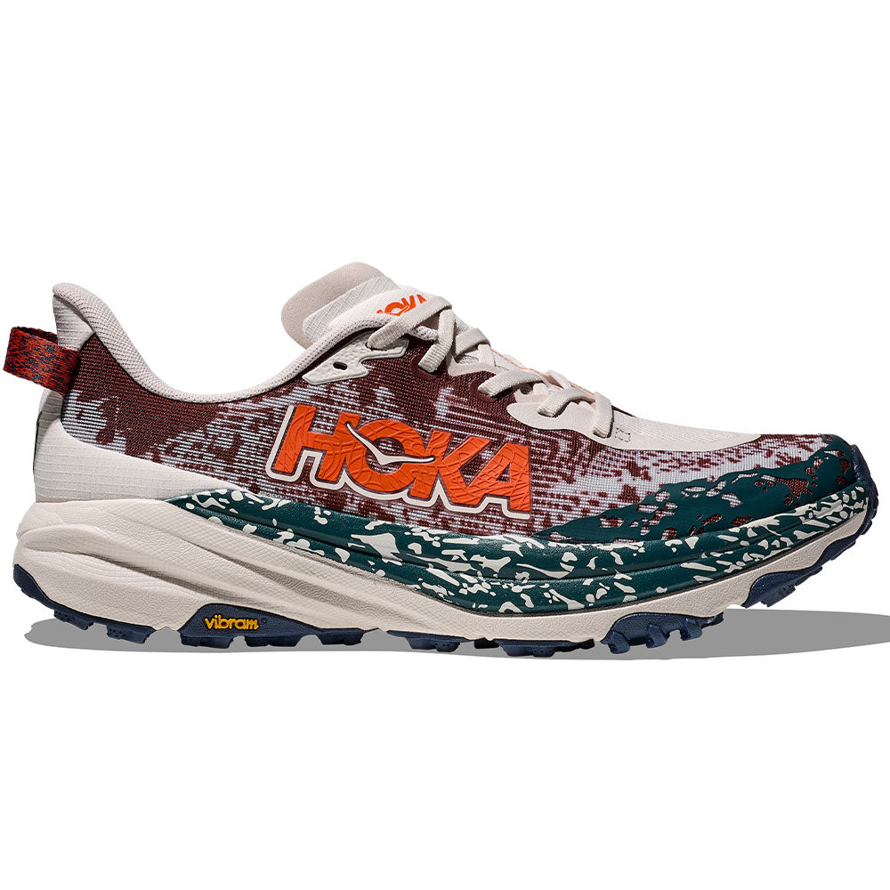 Side view on white background of Mens Hoka Speedgoat running shoe in Putty/Blue Twilight, Medium (Regular) width