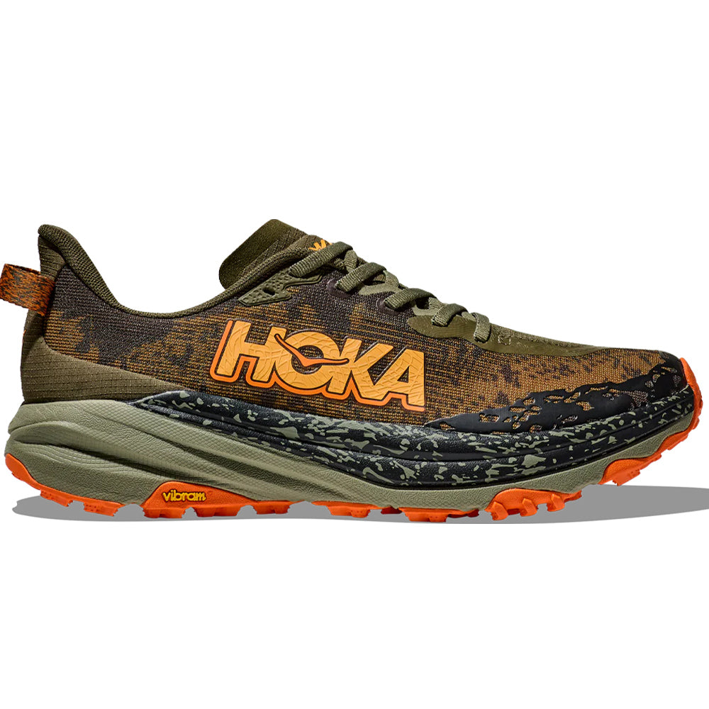 Side view on white background of Mens Hoka Speedgoat running shoe in Antique Olive/Squash, Medium (Regular) width