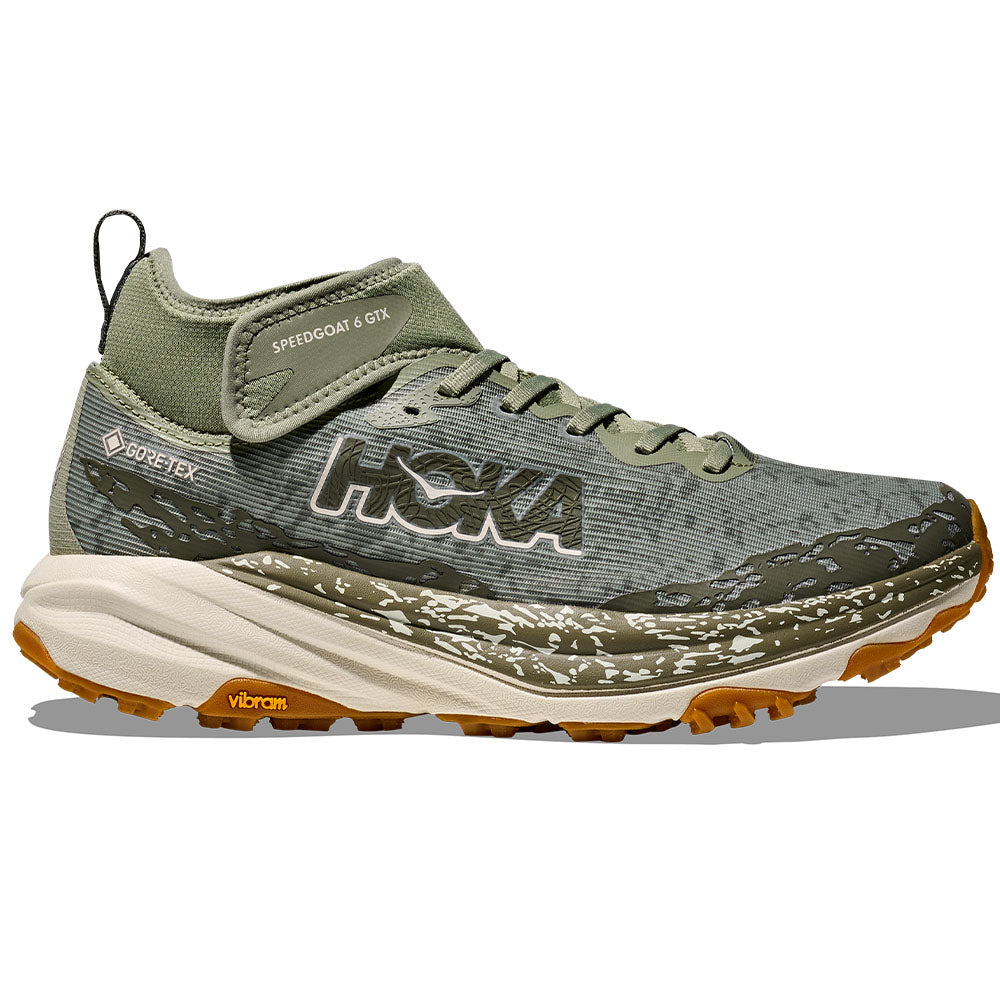 Side view on white background of Mens Hoka Speedgoat running shoe in Sea Moss/Oat Milk, Medium (Regular) width