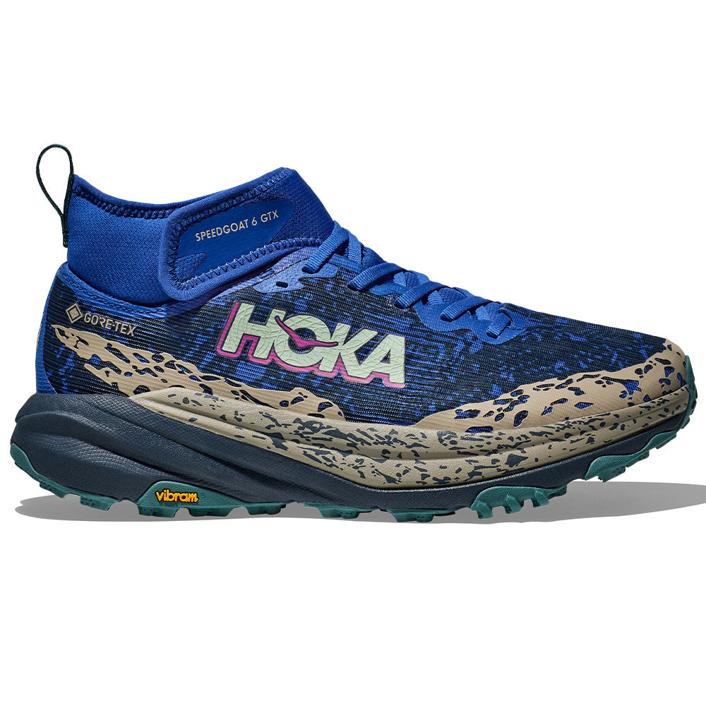 Side view on white background of Mens Hoka Speedgoat running shoe in Ultramarine/Stormy Skies, Medium (Regular) width