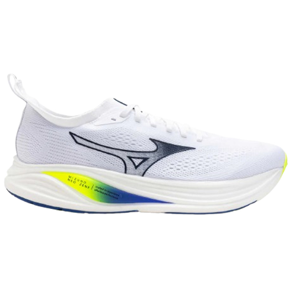 Side view on white background of Mens Mizuno Neo Zen running shoe in White/Dazzling Blue, Medium (Regular) width