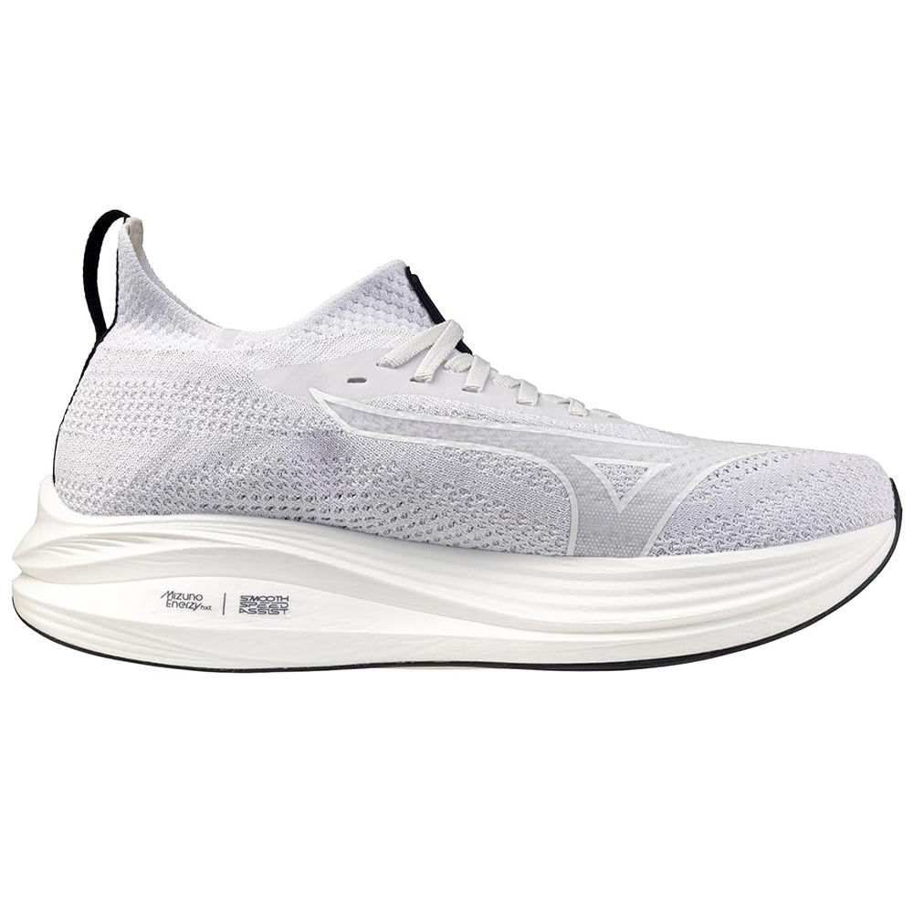 Side view on white background of Mens Mizuno Neo Zen running shoe in Nimbus Cloud/White, Medium (Regular) width
