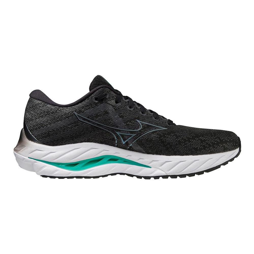 Side view on white background of Mens Mizuno Wave Inspire running shoe in Black-Metallic Grey, Medium (Regular) width