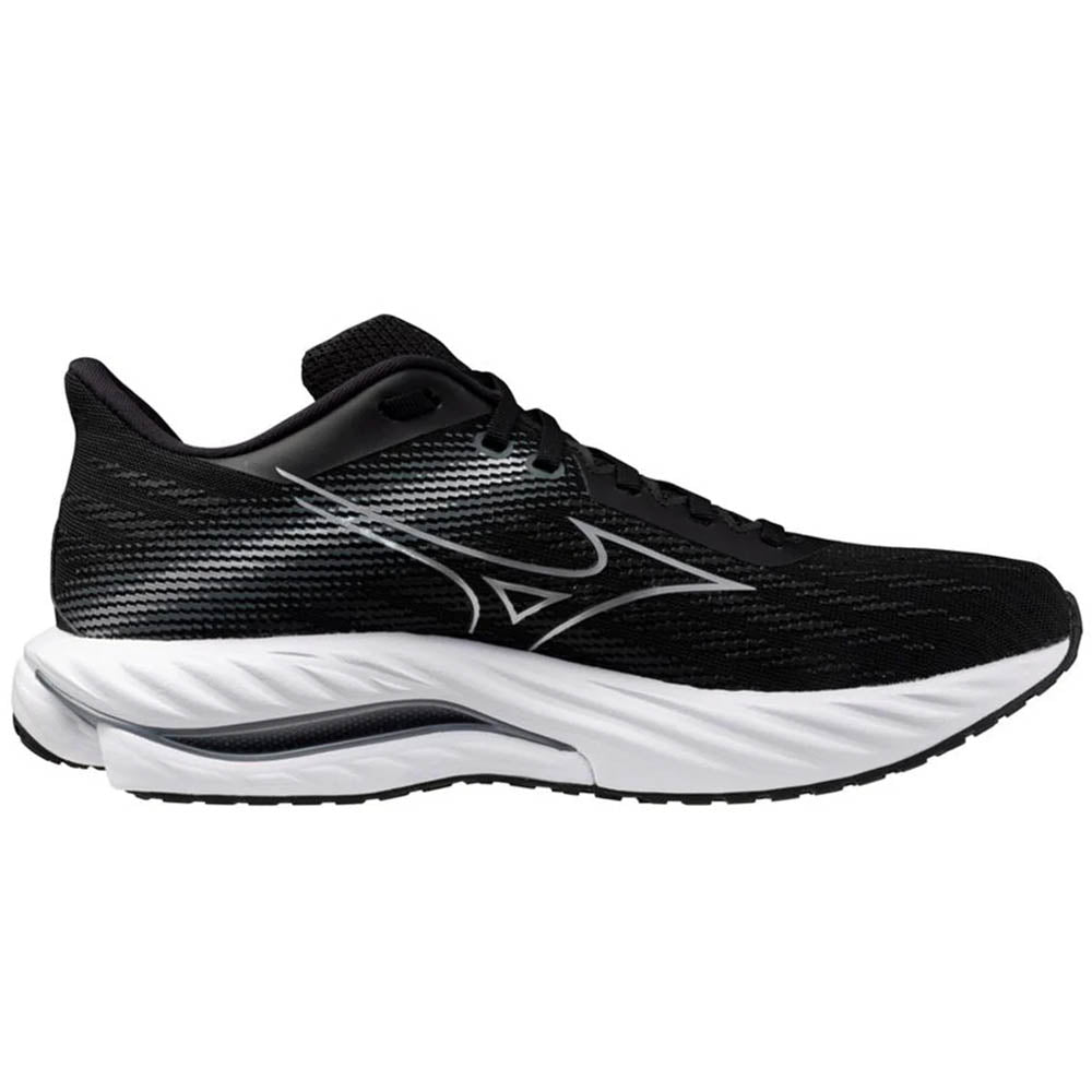 Side view on white background of Mens Mizuno Wave Inspire running shoe in Black/Silver, Medium (Regular) width