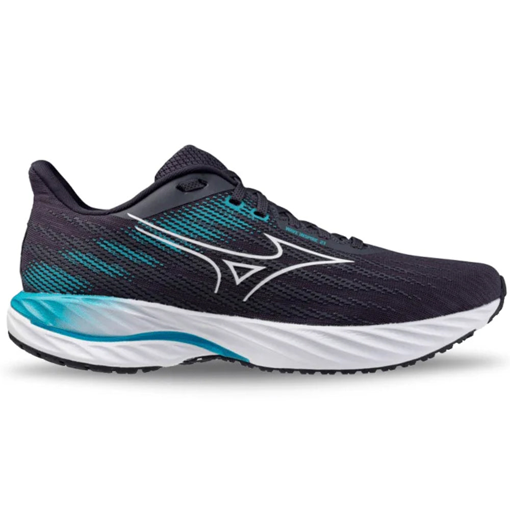 Side view on white background of Mens Mizuno Wave Inspire running shoe in Odyssey Grey/White, Medium (Regular) width