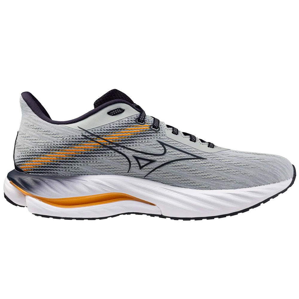 Side view on white background of Mens Mizuno Wave Inspire running shoe in Pearl Blue/Baritone Blue, Medium (Regular) width