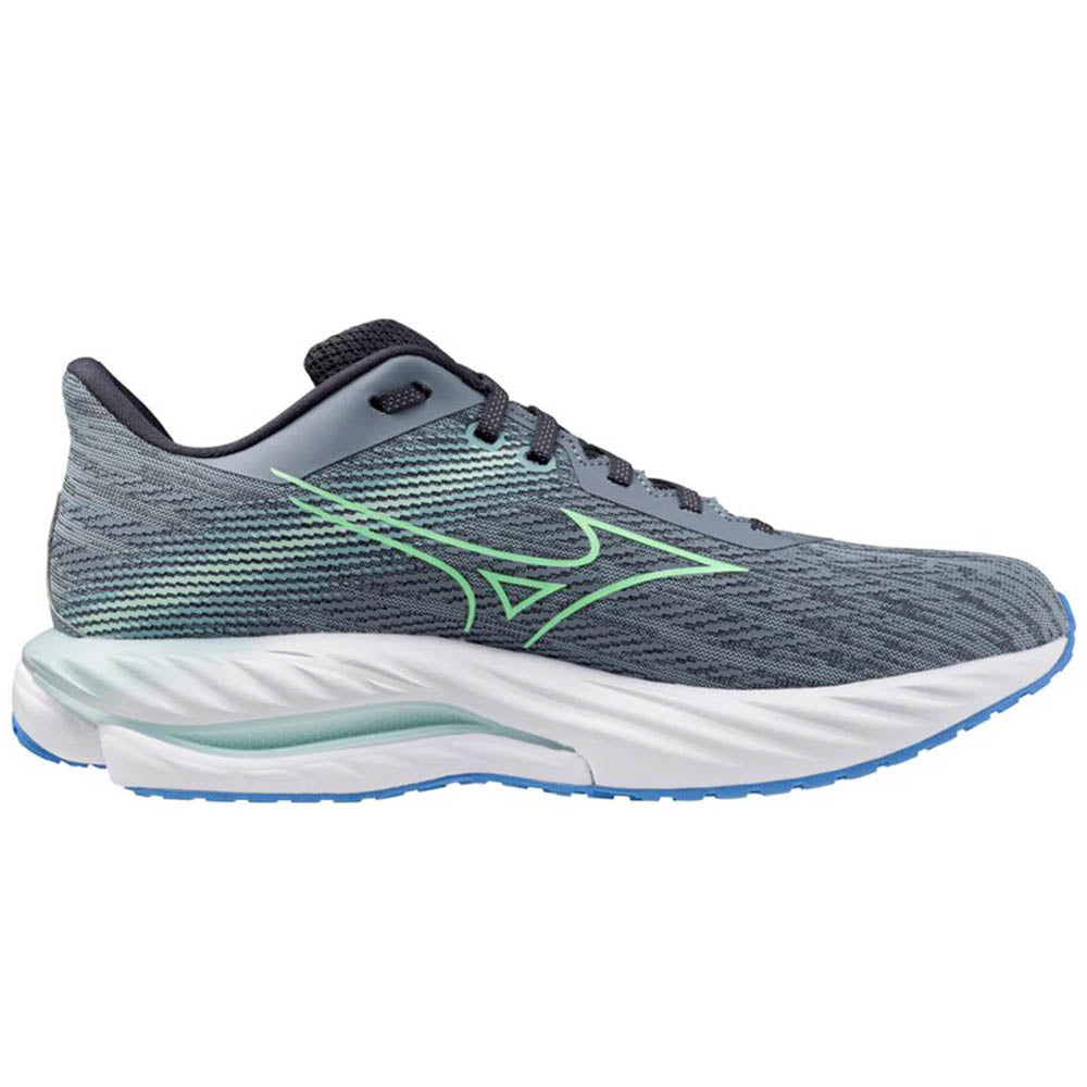 Side view on white background of Mens Mizuno Wave Inspire running shoe in Tradewinds/Neo Mint, Wide width