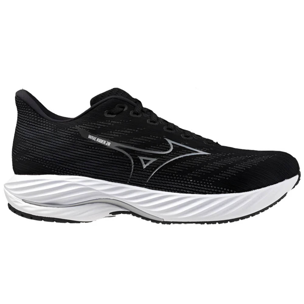 Side view on white background of Mens Mizuno Wave Rider running shoe in Black/Silver, Medium (Regular) width
