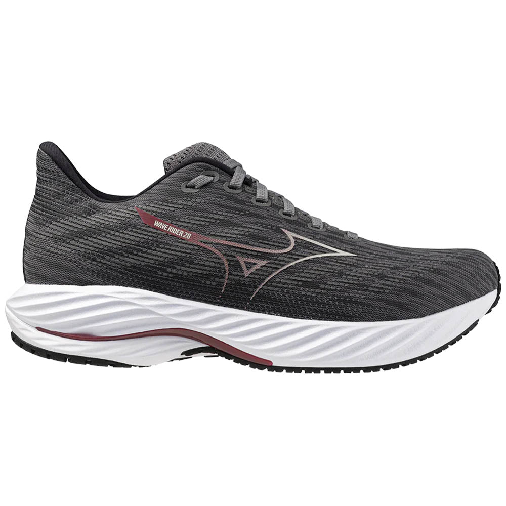 Side view on white background of Mens Mizuno Wave Rider running shoe in Quiet Shade/Nimbus Cloud, Medium (Regular) width