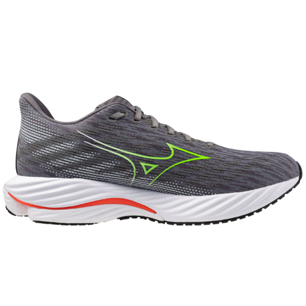 Side view on white background of Mens Mizuno Wave Rider running shoe in Tradewinds/Green Gecko, Medium (Regular) width