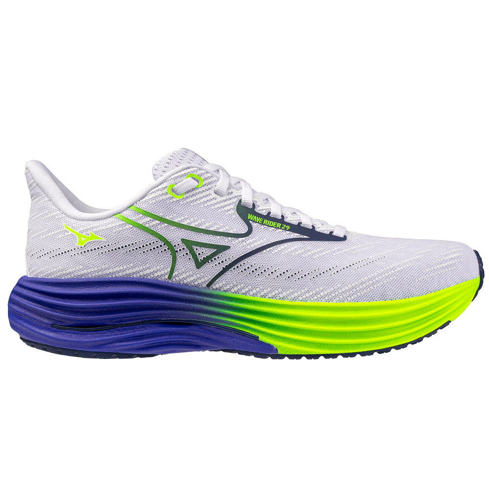 Side view on white background of Mens Mizuno Wave Rider running shoe in White/Estate Blue, Wide width
