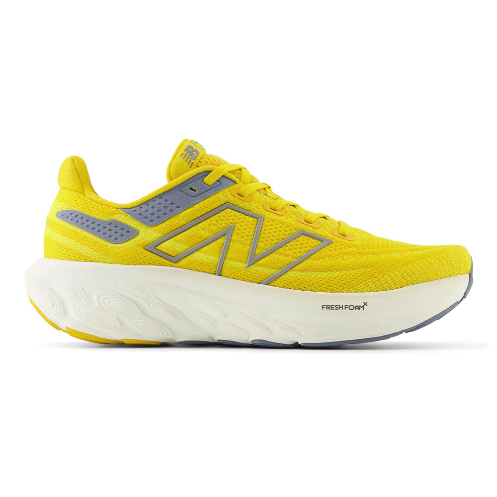 Side view on white background of Mens New Balance Fresh Foam X 1080 running shoe in Ginger Lemon/Lemon Zest, Medium (Regular) width