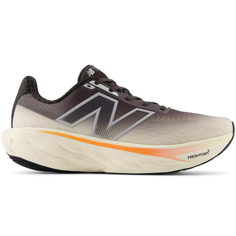 Side view on white background of Mens New Balance Fresh Foam X 1080 running shoe in Black Cement/Angora/Hot Mango, Wide width