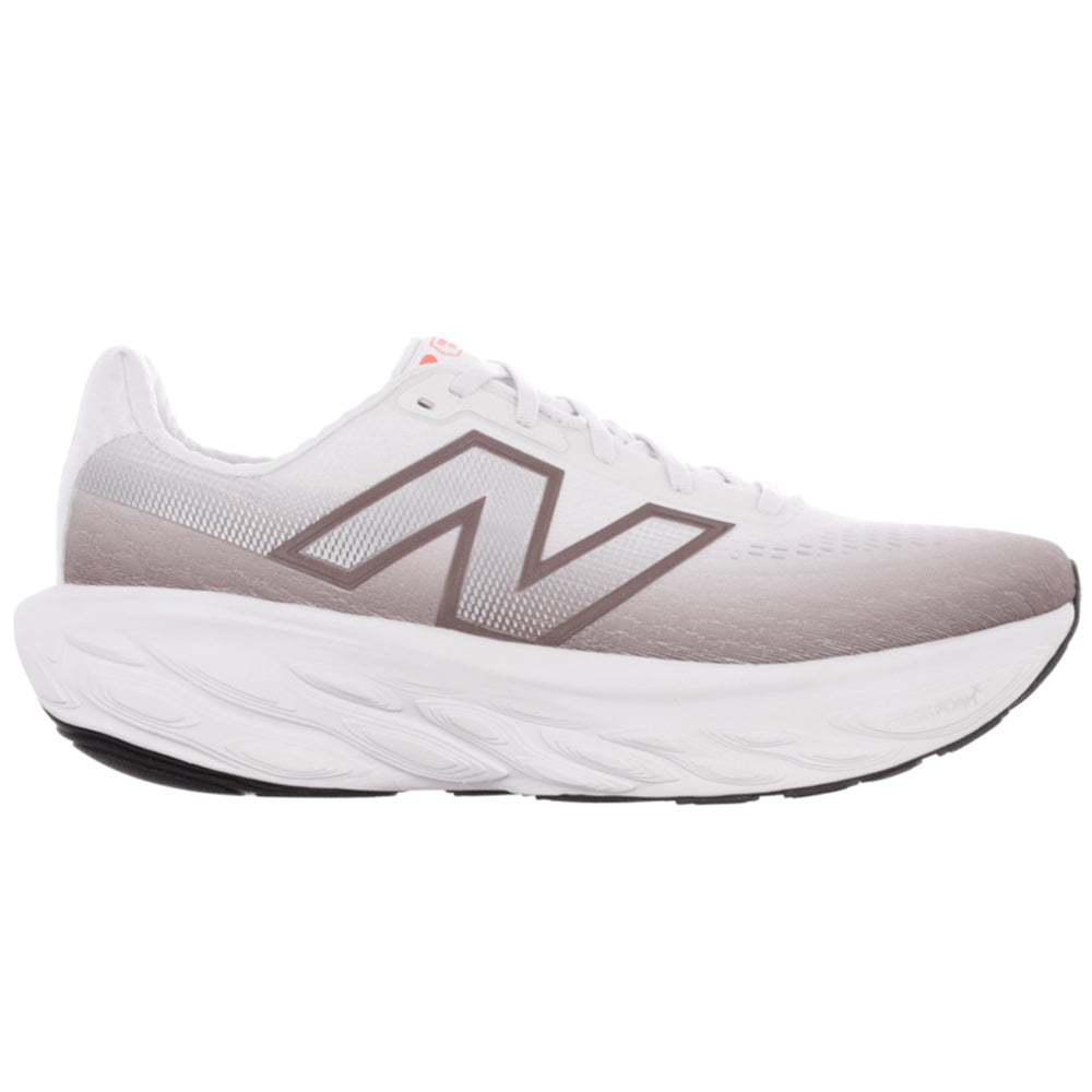 Side view on white background of Mens New Balance Fresh Foam X 1080 running shoe in Earth Shadow/Reflection/Urgent Red, Wide width