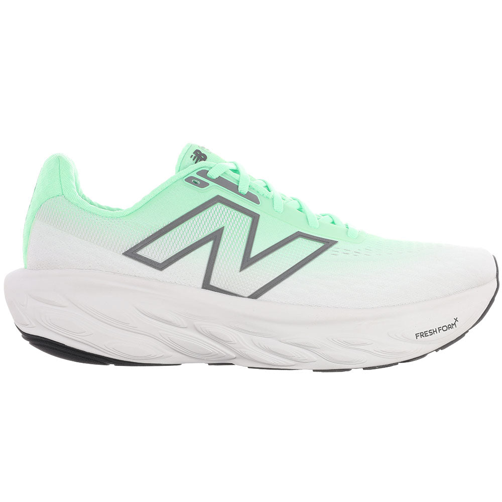 Side view on white background of Mens New Balance Fresh Foam X 1080 running shoe in Electric Jade/Reflection/Dark Silver Metallic, Wide width