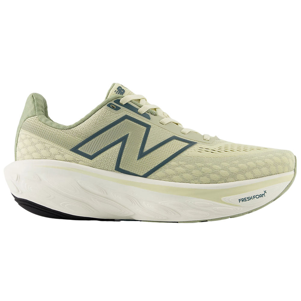 Side view on white background of Mens New Balance Fresh Foam X 1080 running shoe in Pale Moss/New Spruce, Wide width