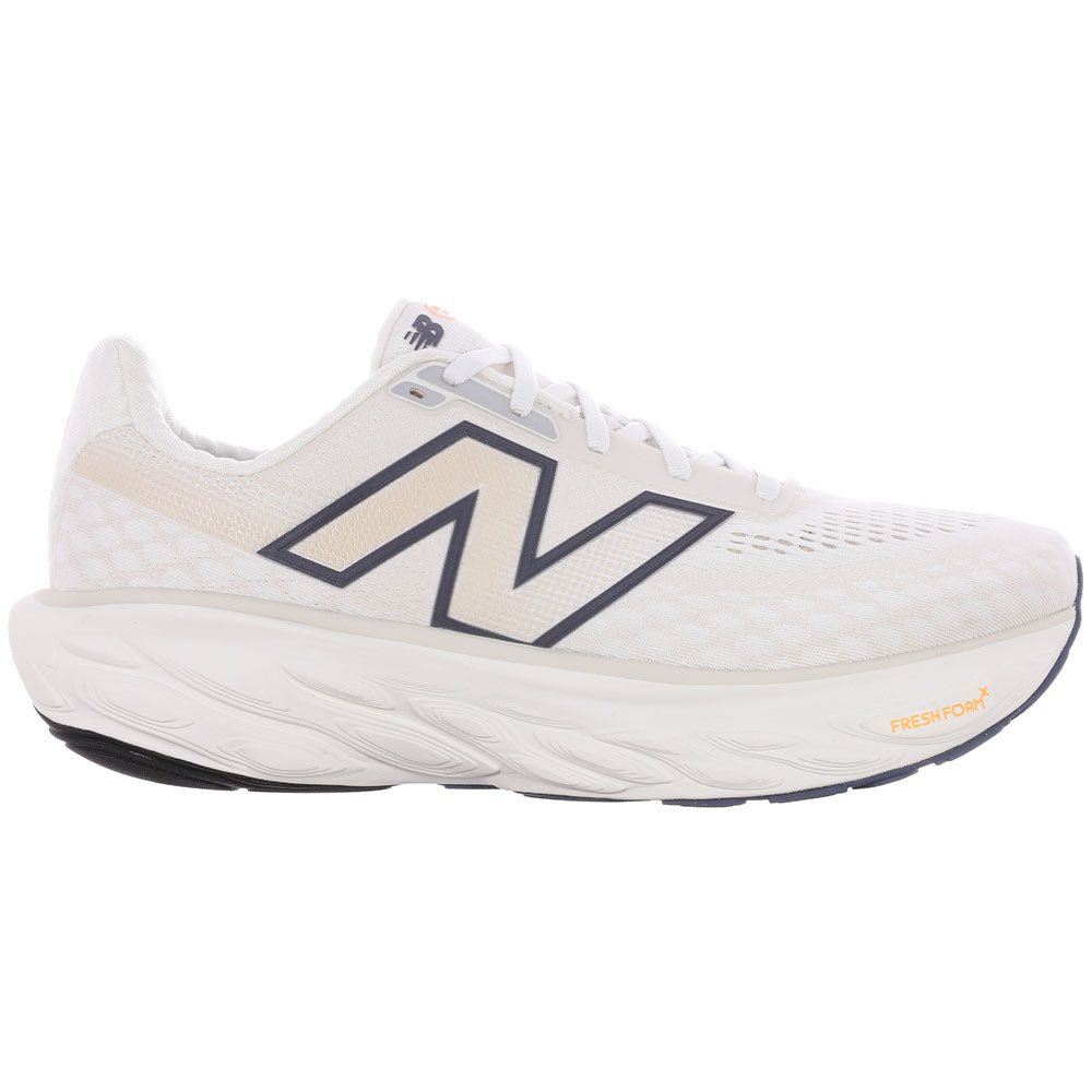 Side view on white background of Mens New Balance Fresh Foam X 1080 running shoe in Sea Salt/Vintage Indigo/Hot Mango, Medium (Regular) width