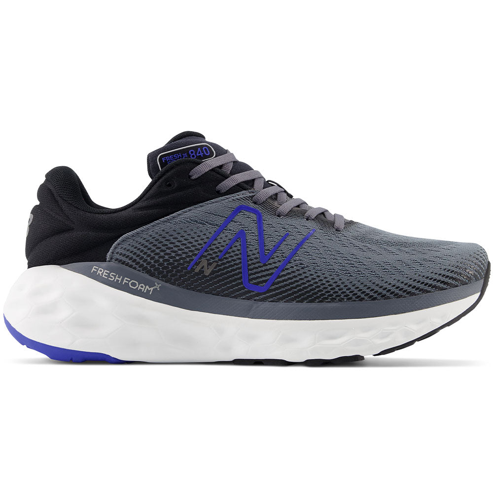 Side view on white background of Mens New Balance Fresh Foam X 840 running shoe in Castlerock/Marine Blue/Black/Silver Metalic, Extra Wide width
