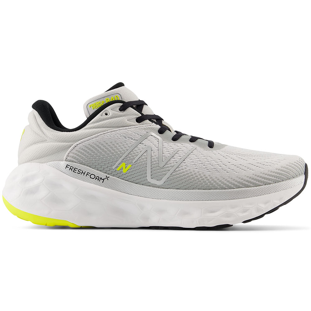 Side view on white background of Mens New Balance Fresh Foam X 840 running shoe in Grey Matter/Silver Metallic/Firefly, Wide width