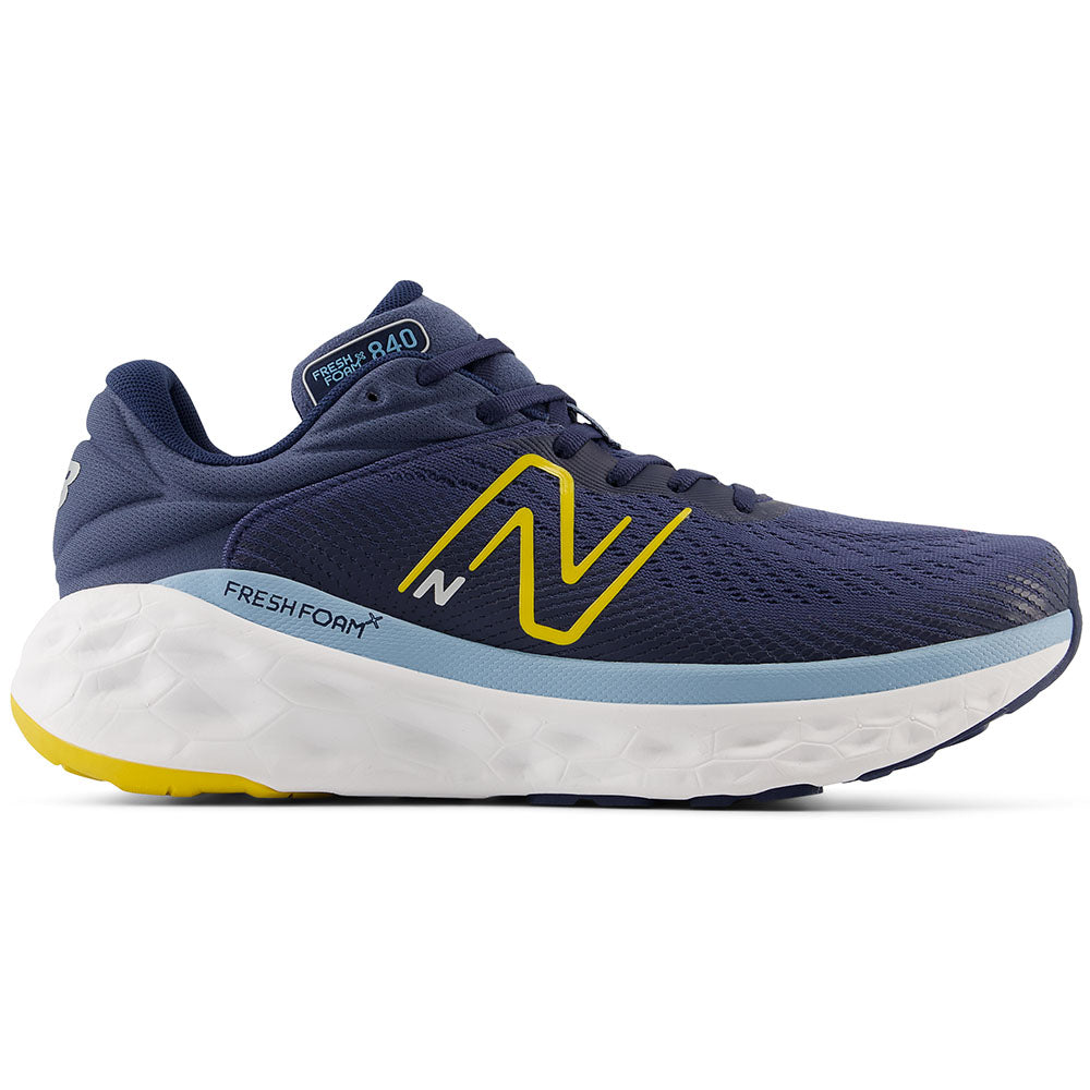 Side view on white background of Mens New Balance Fresh Foam X 840 running shoe in Vintage Indigo/Ginger Lemon/Chrome Blue, Wide width