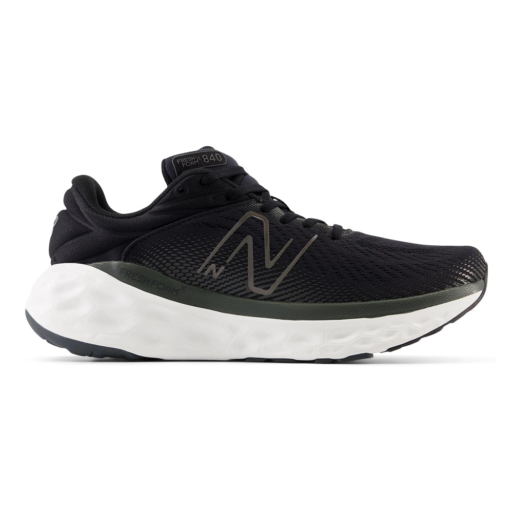 Side view on white background of Mens New Balance Fresh Foam X 840 running shoe in Blacktop/Black, Wide width