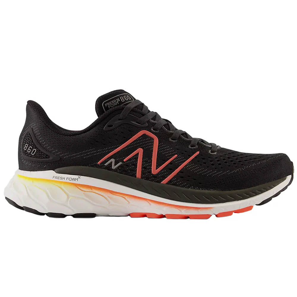 Side view on white background of Mens New Balance Fresh Foam 860 running shoe in Black/Neon Dragonfly, Medium (Regular) width