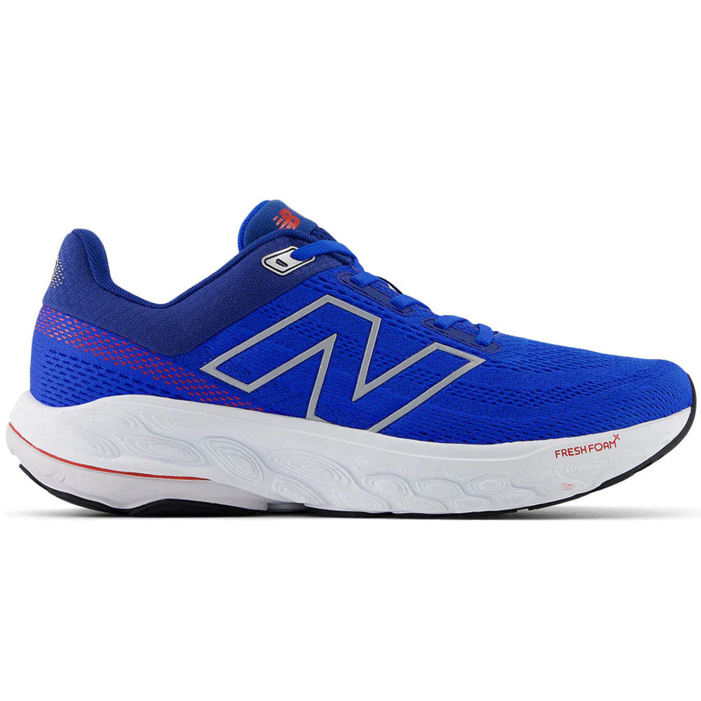 Side view on white background of Mens New Balance Fresh Foam 860 running shoe in Blue Oasis/White, Wide width