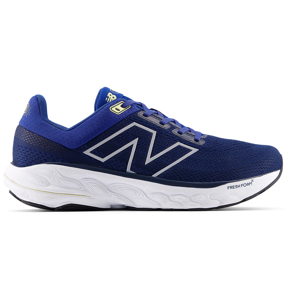 Side view on white background of Mens New Balance Fresh Foam 860 running shoe in Galaxy Blue/Nb Navy/Winter Grass, Medium (Regular) width