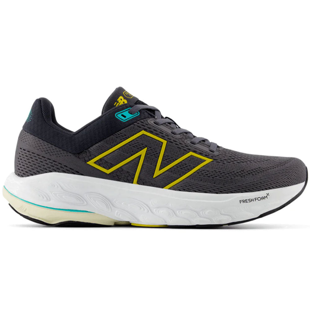 Side view on white background of Mens New Balance Fresh Foam 860 running shoe in Magnet/Ginger Lemon/Cyber Jade, Wide width
