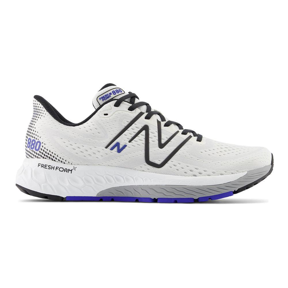 Side view on white background of Mens New Balance Fresh Foam 880 running shoe in White/Black, Medium (Regular) width