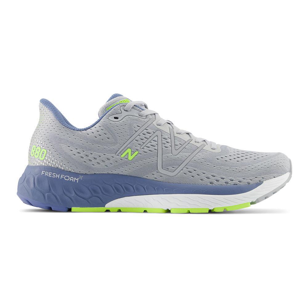Side view on white background of Mens New Balance Fresh Foam 880 running shoe in Aluminum Grey/Mercury Blue, Medium (Regular) width
