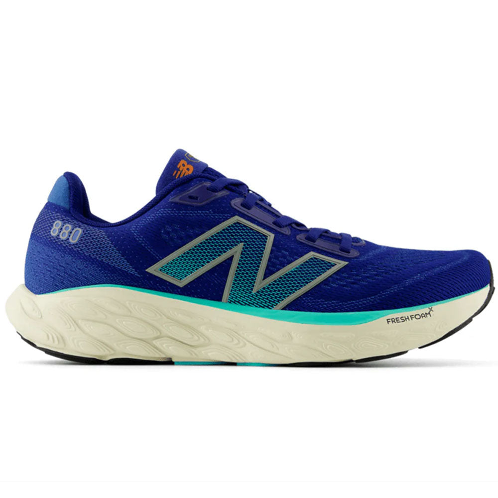 Side view on white background of Mens New Balance Fresh Foam 880 running shoe in Inkwell/Cyber Jade/Dark Silver Metallic, Medium (Regular) width