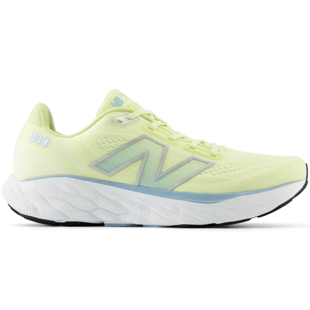 Side view on white background of Mens New Balance Fresh Foam 880 running shoe in Limelight/Silver Metallic/Chrome Blue, Medium (Regular) width