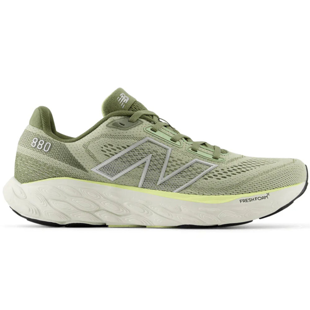 Side view on white background of Mens New Balance Fresh Foam 880 running shoe in Olivine/Silver Metallic/Limelight, Medium (Regular) width
