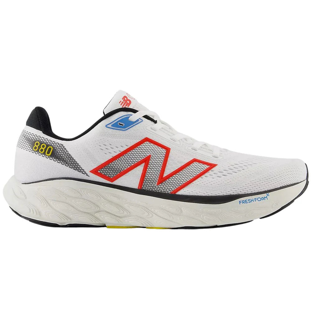 Side view on white background of Mens New Balance Fresh Foam 880 running shoe in White/Neo Flame/Black, Medium (Regular) width