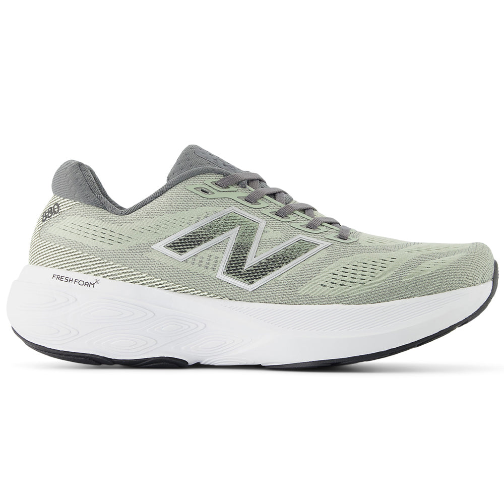 Side view on white background of Mens New Balance Fresh Foam 880 running shoe in Garter Snake/Castlerock/Black, Wide width