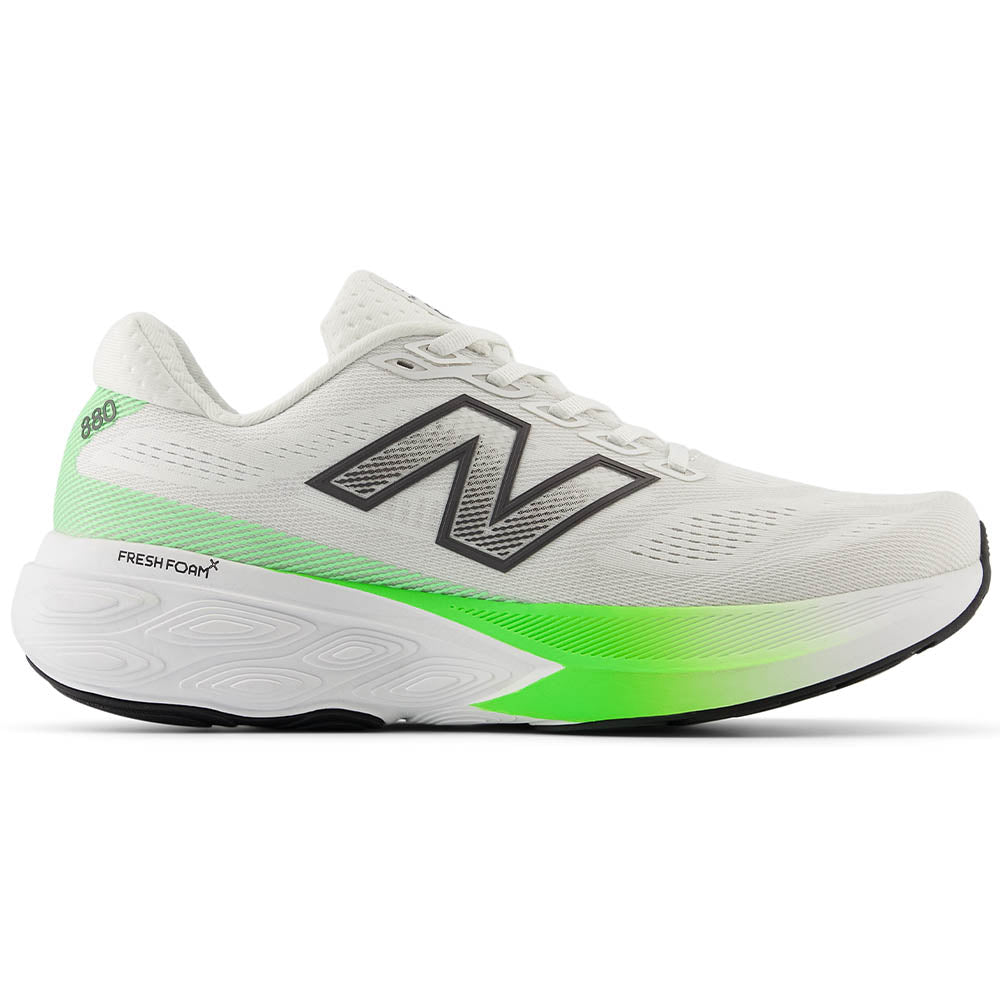 Side view on white background of Mens New Balance Fresh Foam 880 running shoe in Reflection/Electric Jade/Grey Matter, Medium (Regular) width