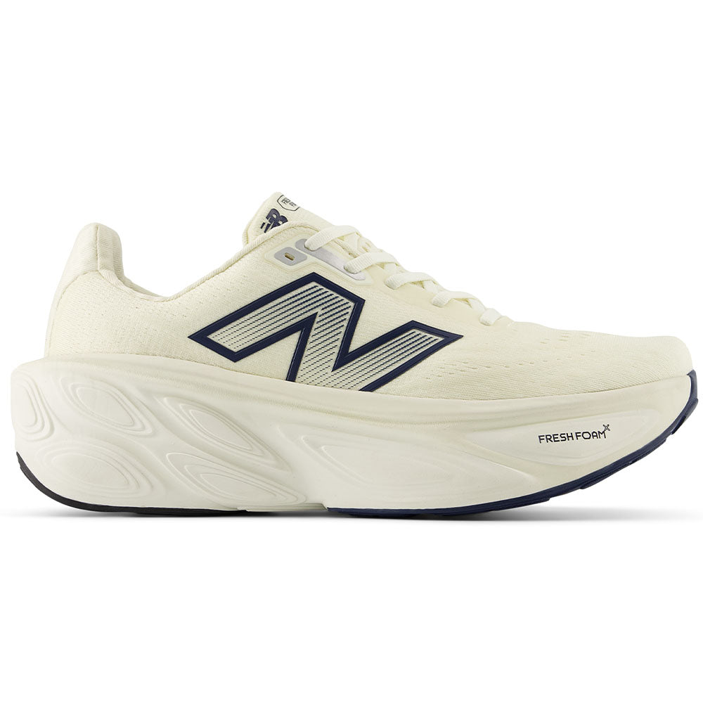 Side view on white background of Mens New Balance Fresh Foam X More running shoe in Angora/Sea Salt/Hot Mango/NB Navy, Medium (Regular) width