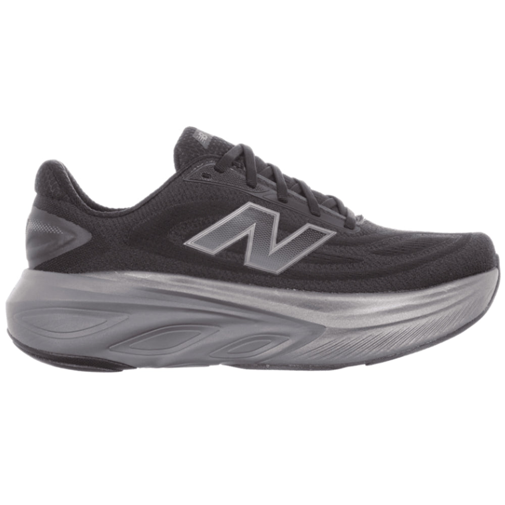 Side view on white background of Mens New Balance Fresh Foam X More running shoe in Black/Castlerock/Black Metallic, Wide width